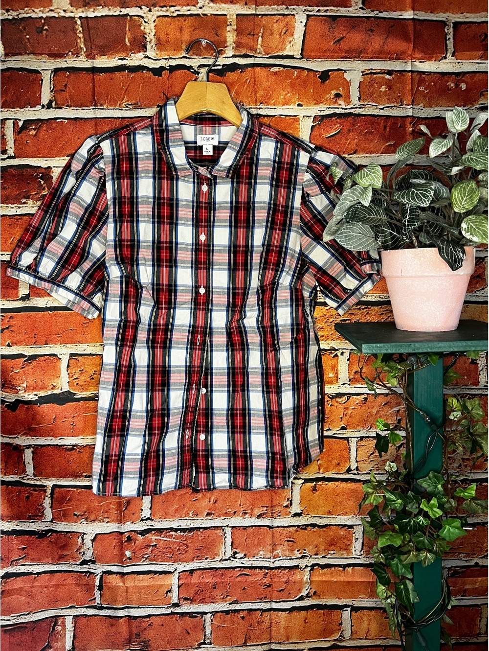 J.Crew Red Green and White Plaid Button Down Puff Sleeve Blouse Top